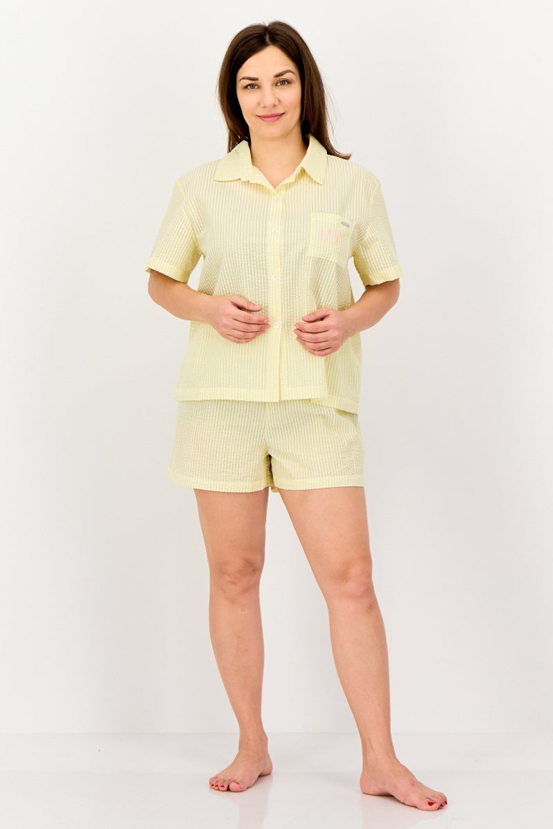 Rae Dunn Women 2 Pieces Spread Collar Embroidered Short Sleeve Pajama Set, Multicolor - Image 2